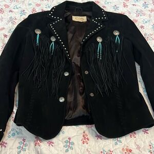 Scully Western Jacket Small Black Leather Fringe Native Bead Button Accent